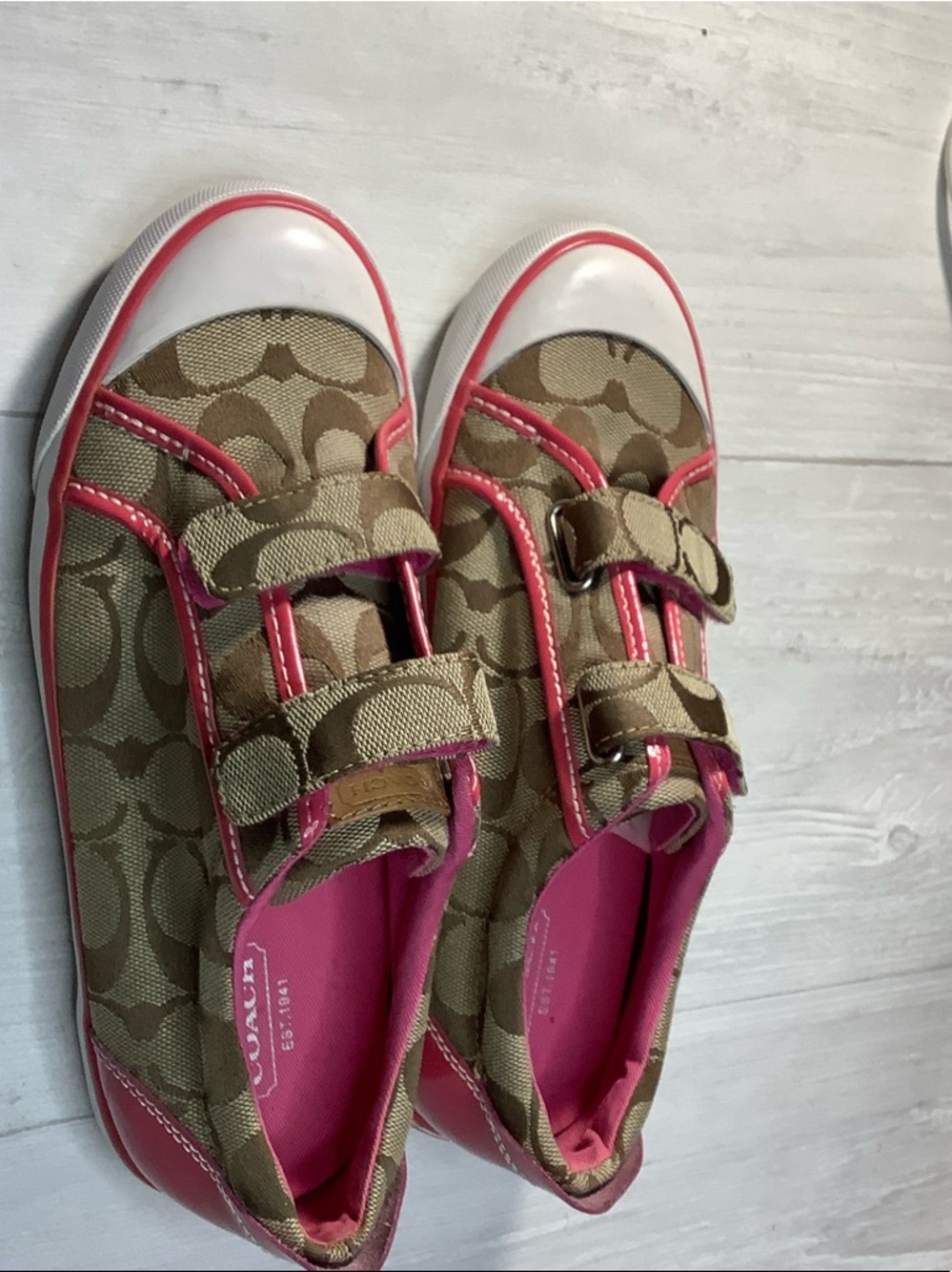 Coach Kids Beige Signature Canvas Sneakers with Pink Trim